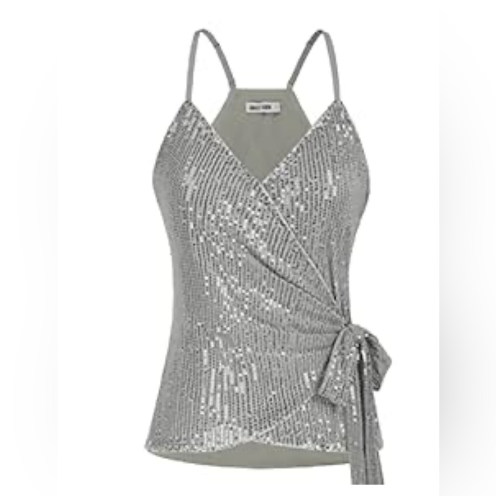 New XL Sequin Silver Tank V Neck Tie Waist Top Party Club Shirt